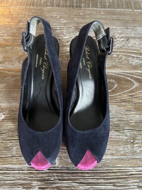 Robert Clergerie Navy Suede Slingback Pumps with Pink Toe Accent